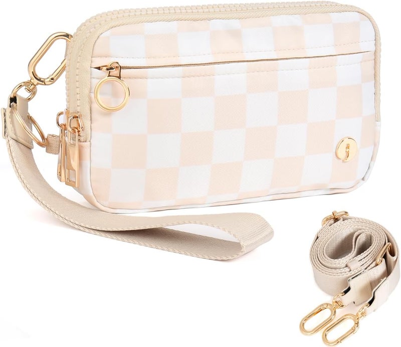 JEEBURYEE Checkered Wristlet Wallets for Women RFID Blocking Small Zipper Nylon Crossbody Bag for Travel Card Phone Organizer Purse with ID Window and 2 Detachable Straps Beige Checkered - Image 1